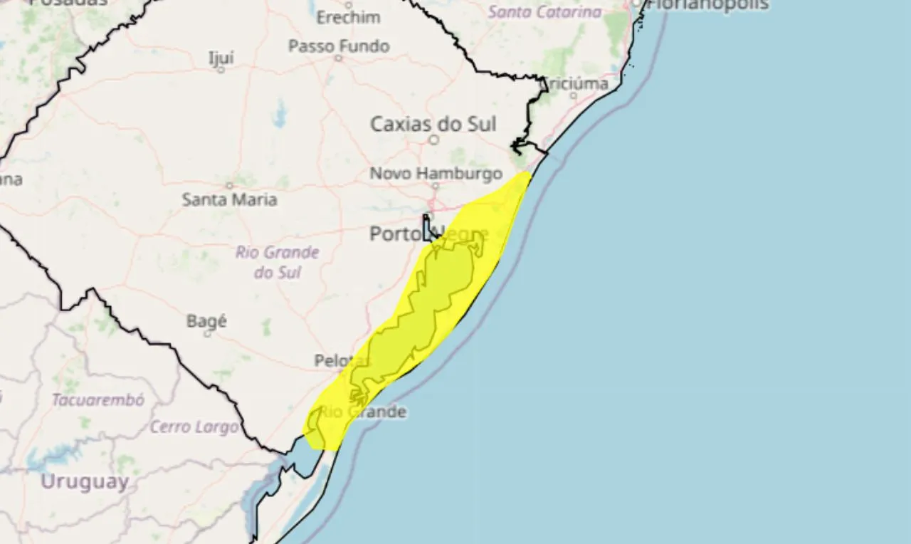 A imagem mostras as áreas em alerta para ventos costeiros e movimentações de dunas